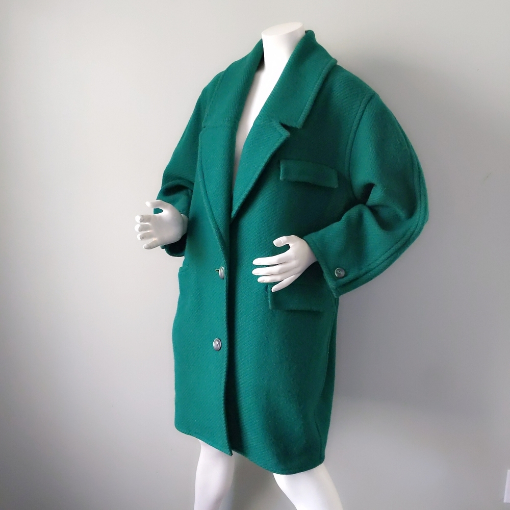 Rare! Vintage Italy Archival Emerald Green Textured Wool Oversized Coat S - Picture 4 of 9